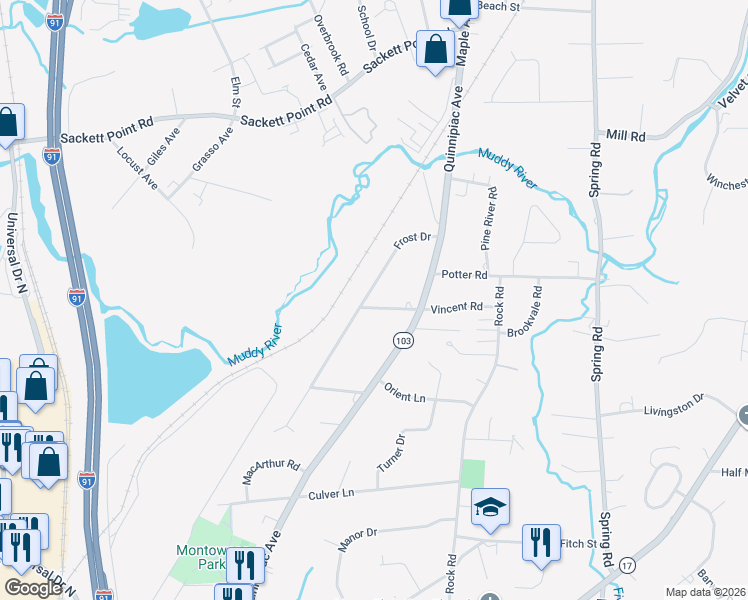 map of restaurants, bars, coffee shops, grocery stores, and more near 36 Frost Drive in North Haven