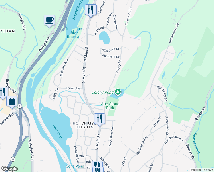 map of restaurants, bars, coffee shops, grocery stores, and more near 100 Colony Road in Ansonia