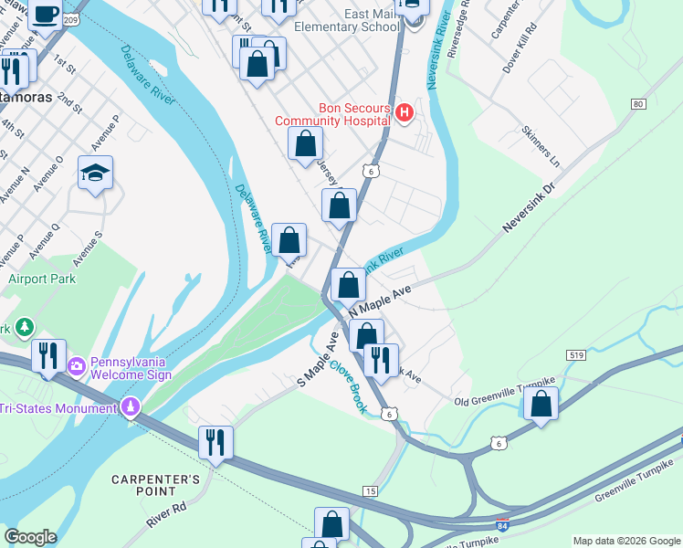 map of restaurants, bars, coffee shops, grocery stores, and more near 228 East Main Street in Port Jervis