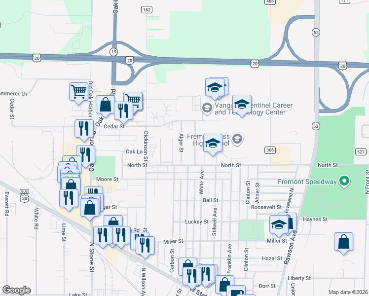 map of restaurants, bars, coffee shops, grocery stores, and more near 1431 Alger Street in Fremont