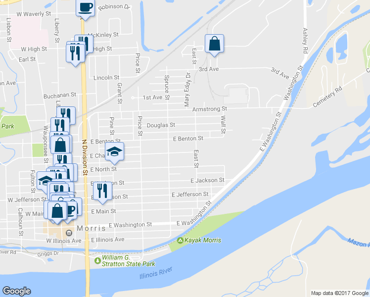 map of restaurants, bars, coffee shops, grocery stores, and more near 844 East Chapin Street in Morris
