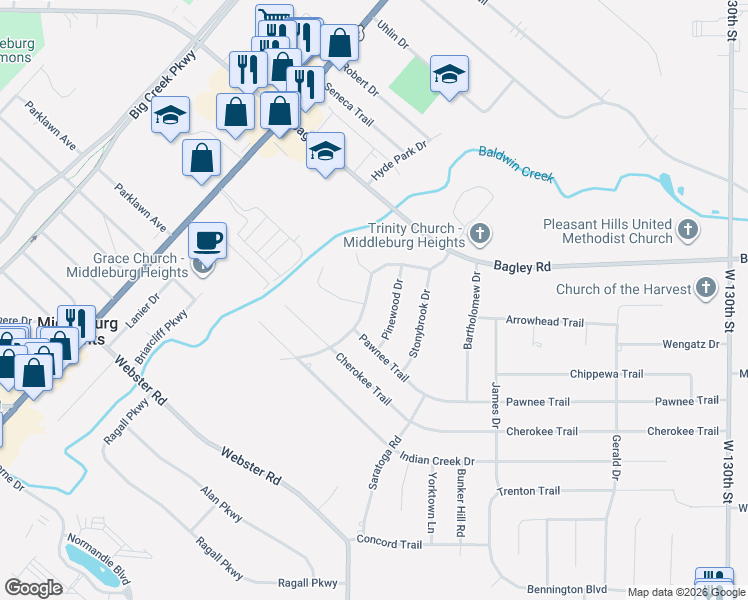 map of restaurants, bars, coffee shops, grocery stores, and more near 7414 Pinewood Drive in Middleburg Heights