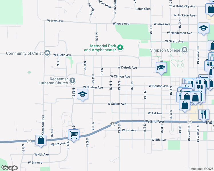map of restaurants, bars, coffee shops, grocery stores, and more near 1004 West Boston Avenue in Indianola