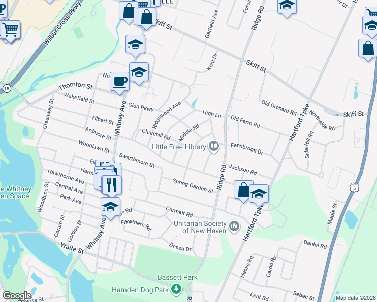 map of restaurants, bars, coffee shops, grocery stores, and more near 38 Broadfield Road in Hamden