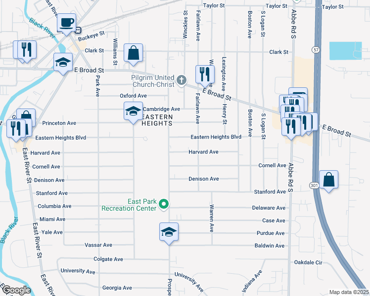 map of restaurants, bars, coffee shops, grocery stores, and more near 524 Harvard Avenue in Elyria