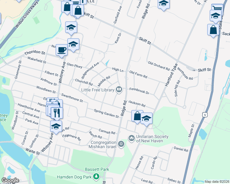map of restaurants, bars, coffee shops, grocery stores, and more near 50 Underhill Road in Hamden