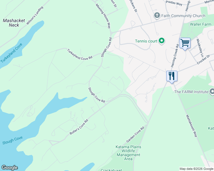 map of restaurants, bars, coffee shops, grocery stores, and more near 39 Slough Cove Road in Edgartown