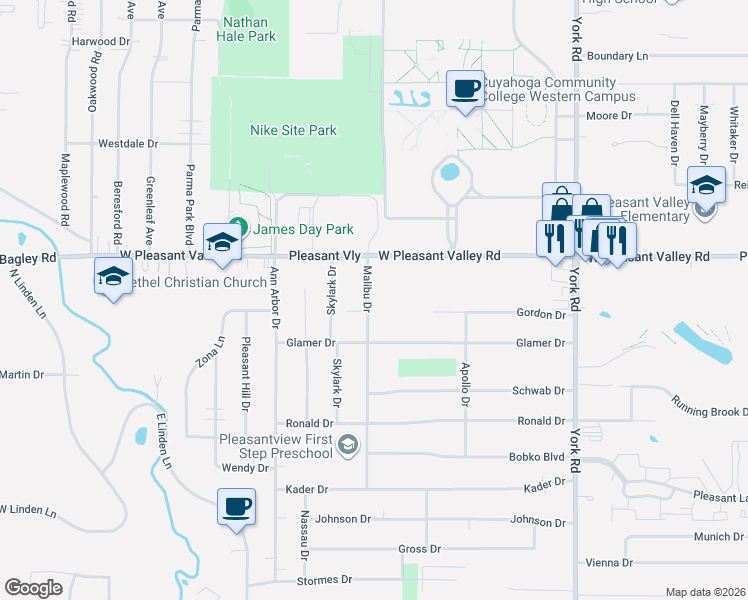 map of restaurants, bars, coffee shops, grocery stores, and more near 7465 Malibu Drive in Parma