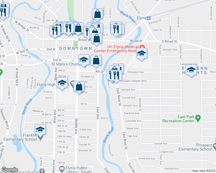map of restaurants, bars, coffee shops, grocery stores, and more near 135 Charles Court in Elyria