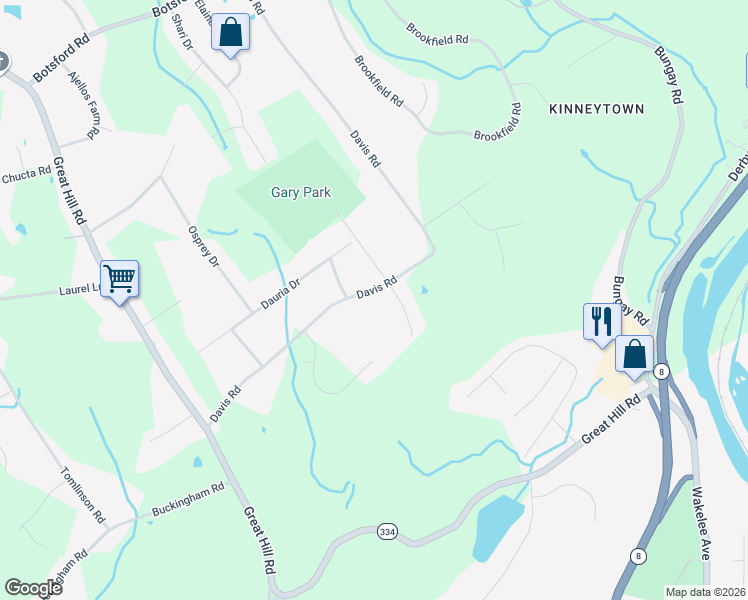 map of restaurants, bars, coffee shops, grocery stores, and more near 105 Davis Road in Seymour
