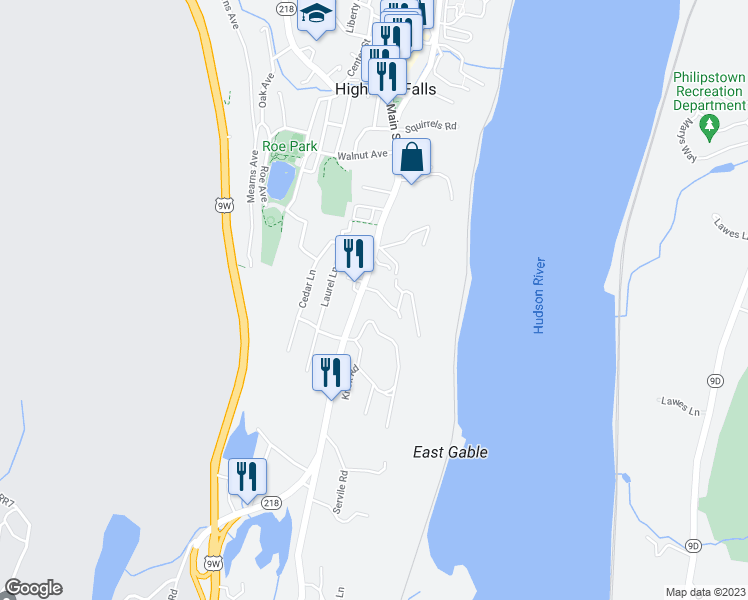 map of restaurants, bars, coffee shops, grocery stores, and more near 142 Main Street in Highland Falls