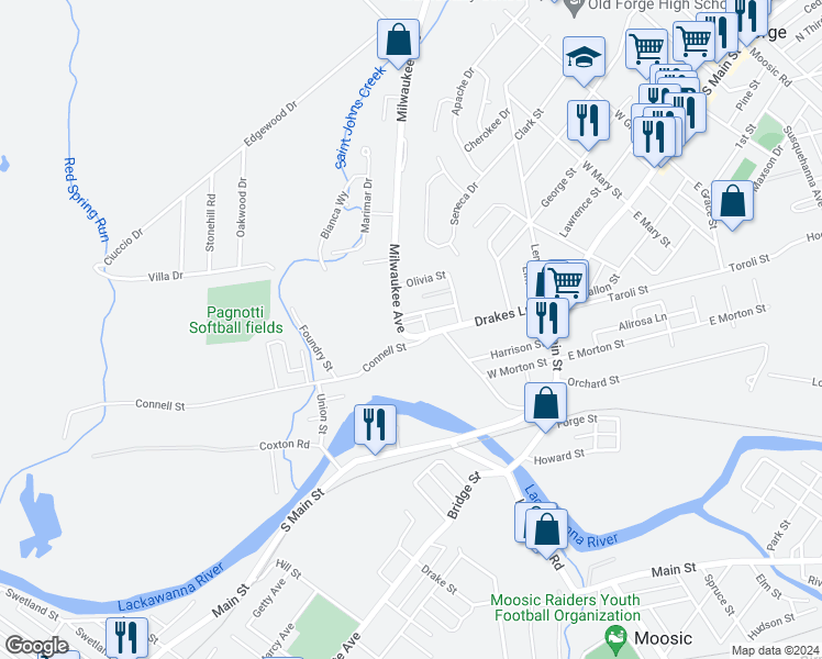 map of restaurants, bars, coffee shops, grocery stores, and more near 535 Milwaukee Avenue in Old Forge