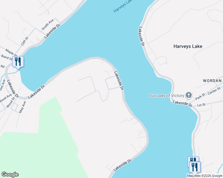 map of restaurants, bars, coffee shops, grocery stores, and more near Harvey Road in Harveys Lake