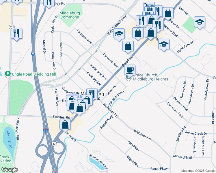 map of restaurants, bars, coffee shops, grocery stores, and more near 7434 Lanier Drive in Middleburg Heights