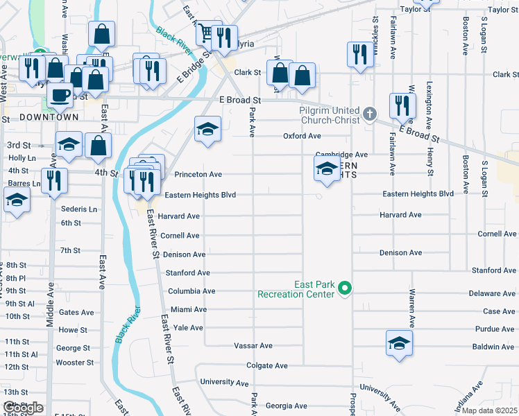 map of restaurants, bars, coffee shops, grocery stores, and more near 252 Harvard Avenue in Elyria