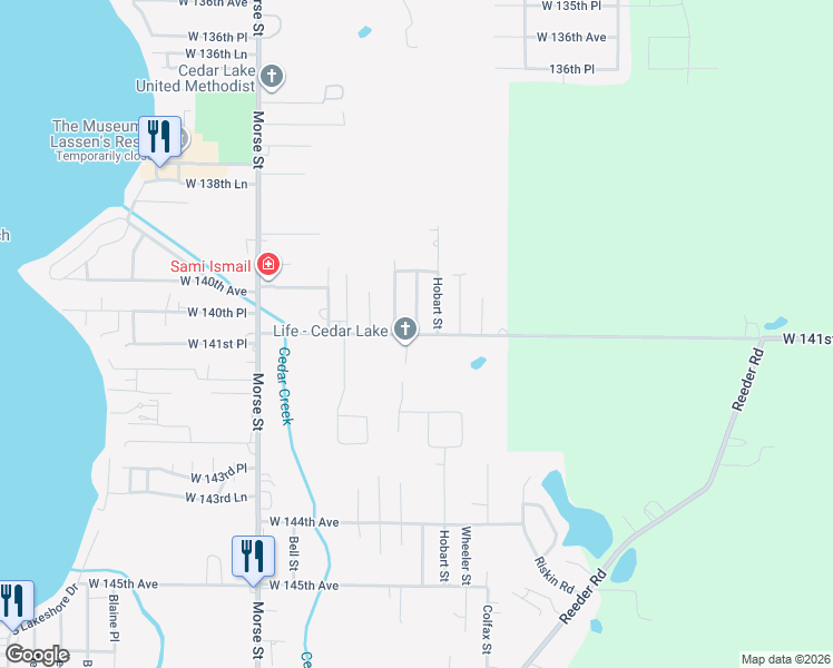 map of restaurants, bars, coffee shops, grocery stores, and more near 14099 Windsor Avenue in Cedar Lake