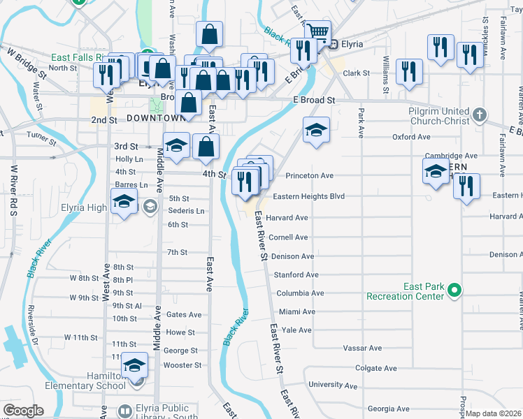 map of restaurants, bars, coffee shops, grocery stores, and more near 916 East River Street in Elyria