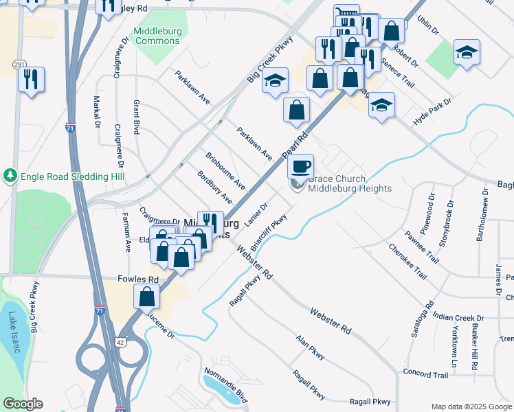 map of restaurants, bars, coffee shops, grocery stores, and more near 7434 Lanier Dr in Middleburg Heights