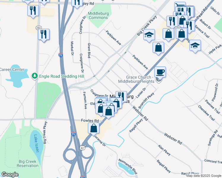 map of restaurants, bars, coffee shops, grocery stores, and more near 16456 Webster Rd in Middleburg Heights