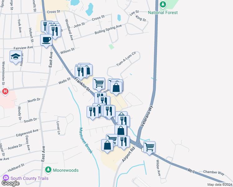 map of restaurants, bars, coffee shops, grocery stores, and more near 100 Franklin Street in Westerly