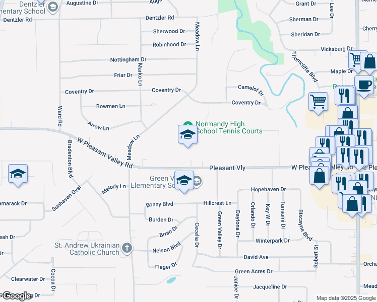 map of restaurants, bars, coffee shops, grocery stores, and more near 2500 West Pleasant Valley Road in Parma
