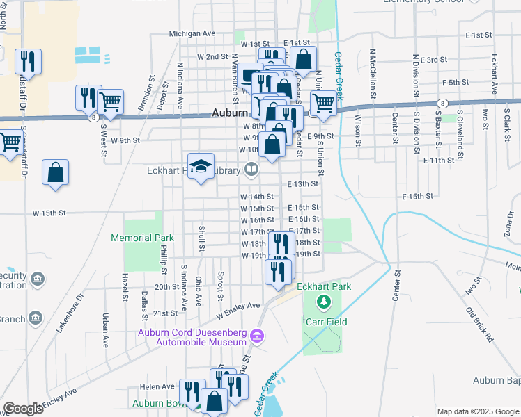 map of restaurants, bars, coffee shops, grocery stores, and more near South Jackson Street in Auburn