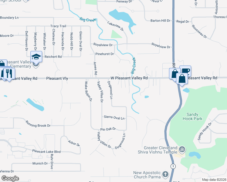 map of restaurants, bars, coffee shops, grocery stores, and more near 7413 Dogwood Lane in Parma
