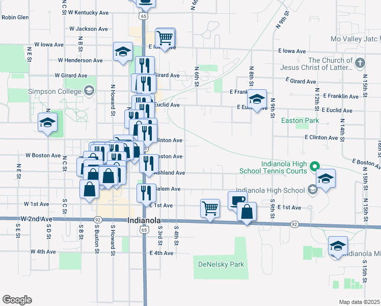 map of restaurants, bars, coffee shops, grocery stores, and more near 302 North 5th Street in Indianola