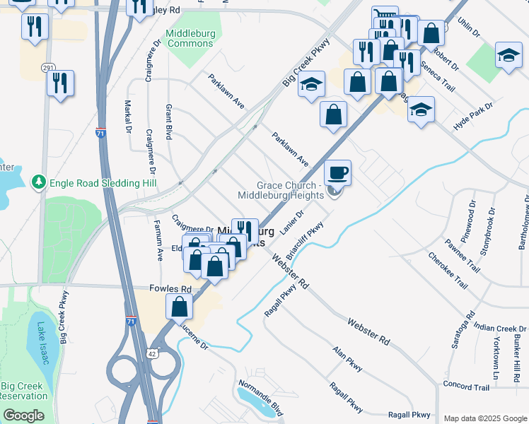 map of restaurants, bars, coffee shops, grocery stores, and more near 7470 Pearl Road in Middleburg Heights