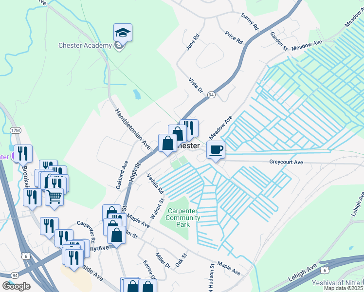 map of restaurants, bars, coffee shops, grocery stores, and more near 12 Railroad Avenue in Chester