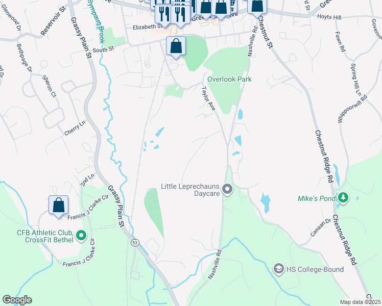 map of restaurants, bars, coffee shops, grocery stores, and more near 13 Goodhill Road in Bethel