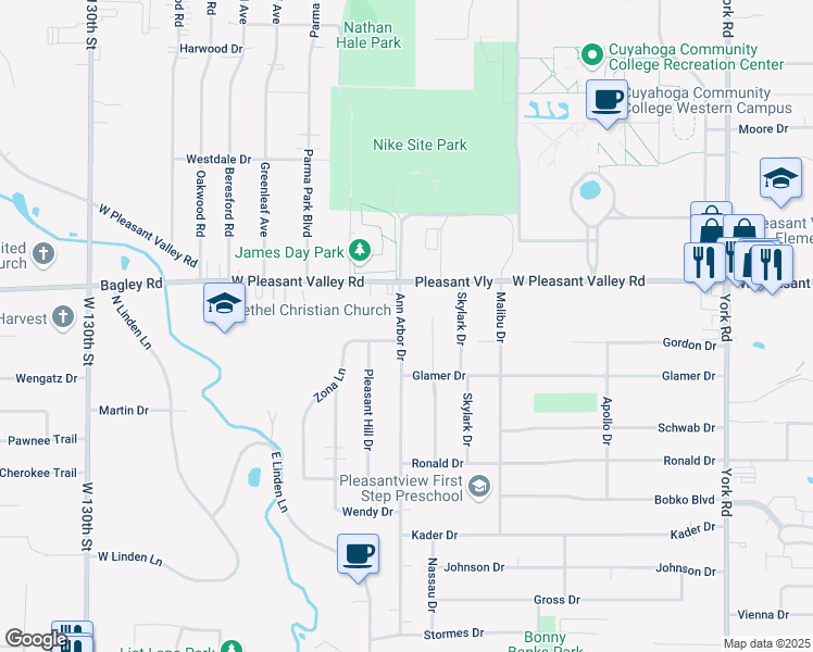 map of restaurants, bars, coffee shops, grocery stores, and more near 7469 Ann Arbor Drive in Parma