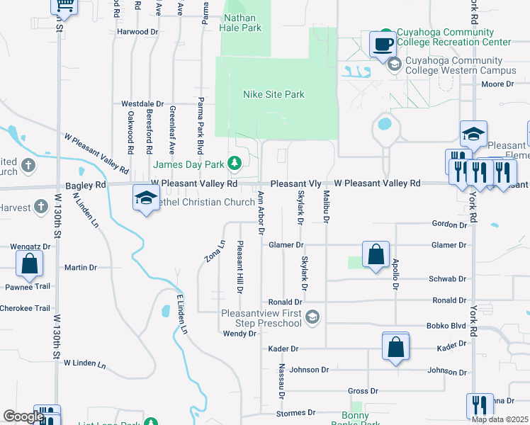 map of restaurants, bars, coffee shops, grocery stores, and more near 7469 Ann Arbor Drive in Parma