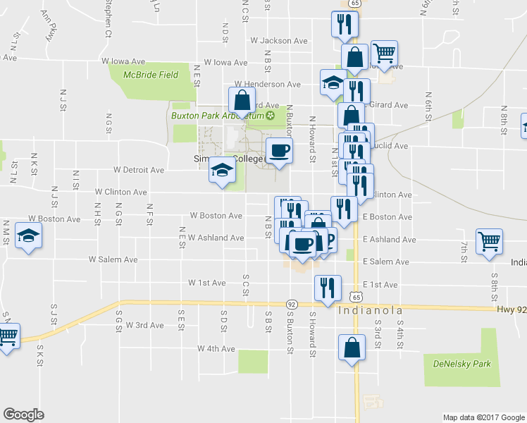 map of restaurants, bars, coffee shops, grocery stores, and more near 300 West Boston Avenue in Indianola