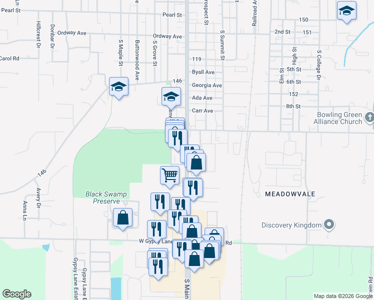 map of restaurants, bars, coffee shops, grocery stores, and more near 891 S Main St in Bowling Green