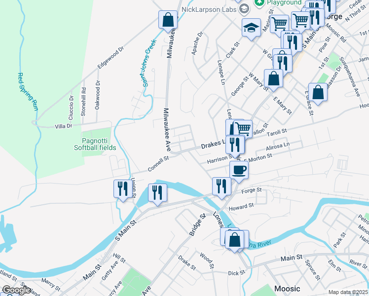 map of restaurants, bars, coffee shops, grocery stores, and more near 203 Connell Street in Old Forge