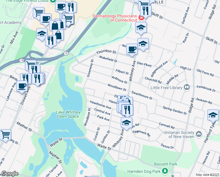 map of restaurants, bars, coffee shops, grocery stores, and more near 70 Woodlawn Street in Hamden