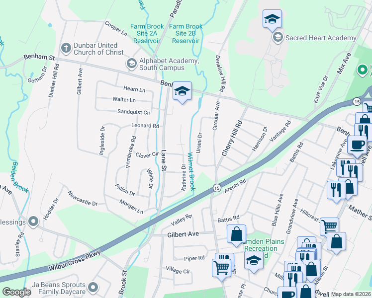 map of restaurants, bars, coffee shops, grocery stores, and more near 74 Ursini Drive in Hamden