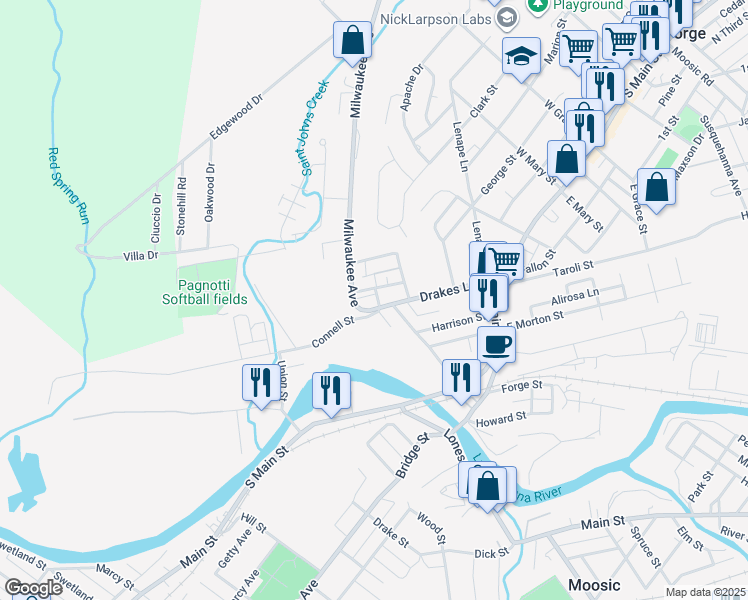 map of restaurants, bars, coffee shops, grocery stores, and more near 203 Connell Street in Old Forge