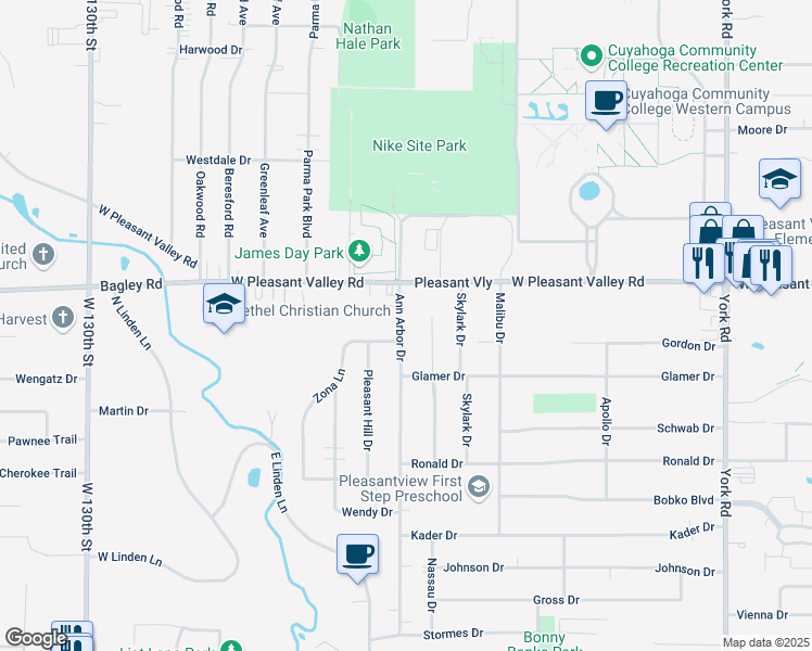 map of restaurants, bars, coffee shops, grocery stores, and more near 7469 Ann Arbor Drive in Parma