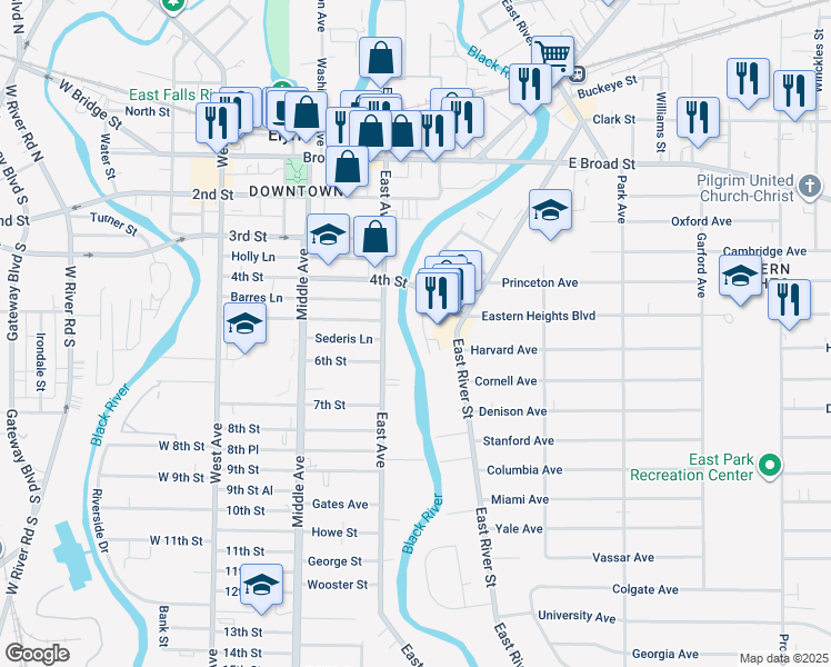 map of restaurants, bars, coffee shops, grocery stores, and more near 135 Charles Court in Elyria