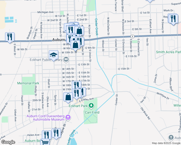 map of restaurants, bars, coffee shops, grocery stores, and more near 900 South Union Street in Auburn
