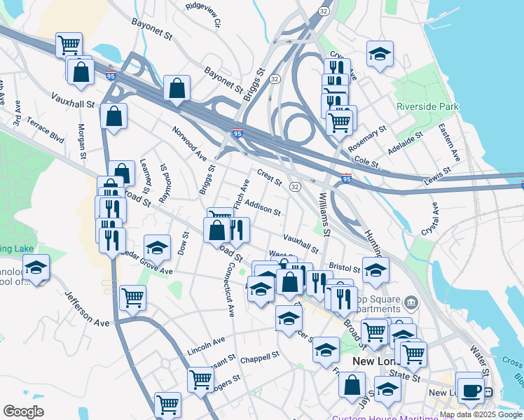 map of restaurants, bars, coffee shops, grocery stores, and more near in New London
