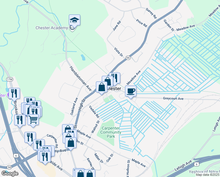 map of restaurants, bars, coffee shops, grocery stores, and more near in Chester