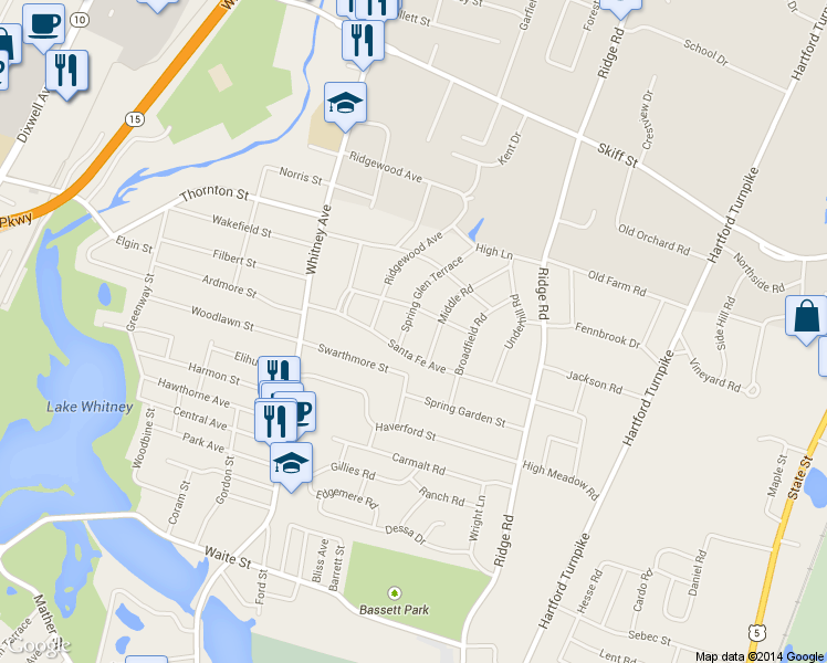 map of restaurants, bars, coffee shops, grocery stores, and more near 19 Spring Glen Terrace in Hamden