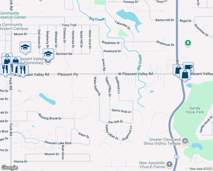 map of restaurants, bars, coffee shops, grocery stores, and more near 7470 Valley Villas Drive in Parma