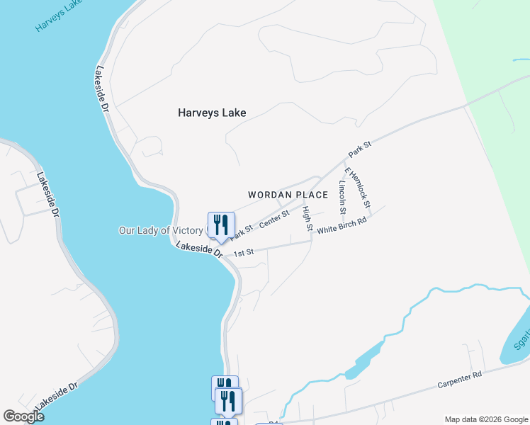 map of restaurants, bars, coffee shops, grocery stores, and more near Park St in Harveys Lake