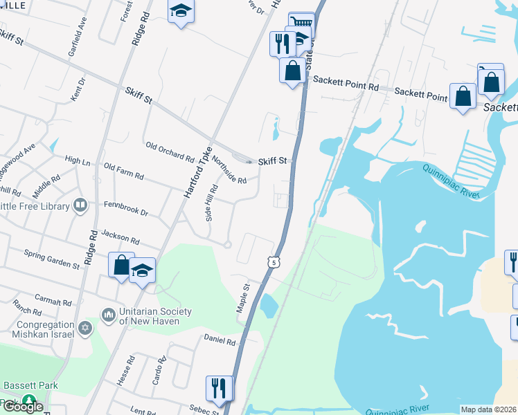 map of restaurants, bars, coffee shops, grocery stores, and more near 58 Vineyard Road in North Haven