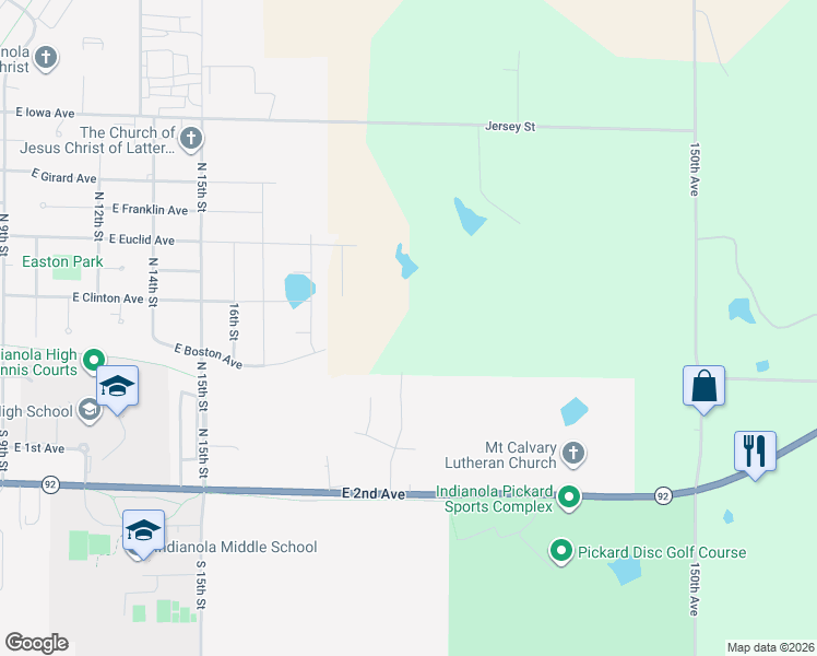 map of restaurants, bars, coffee shops, grocery stores, and more near 108 North 20th Street in Indianola