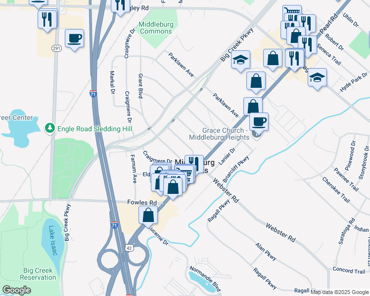 map of restaurants, bars, coffee shops, grocery stores, and more near 16456 Webster Road in Middleburg Heights
